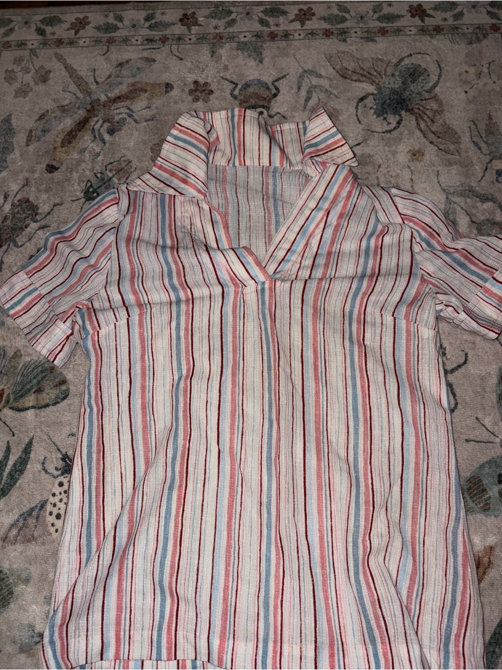 Vintage 1970s Red Blue Striped Seersucker Dagger Collar Blouse
